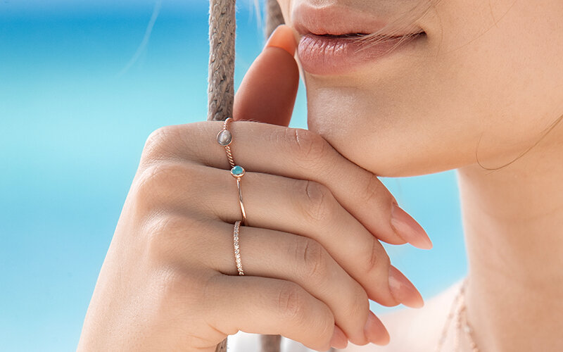 Armkette Cabochon, Blue Topaz, 14 Karat Rosegold
