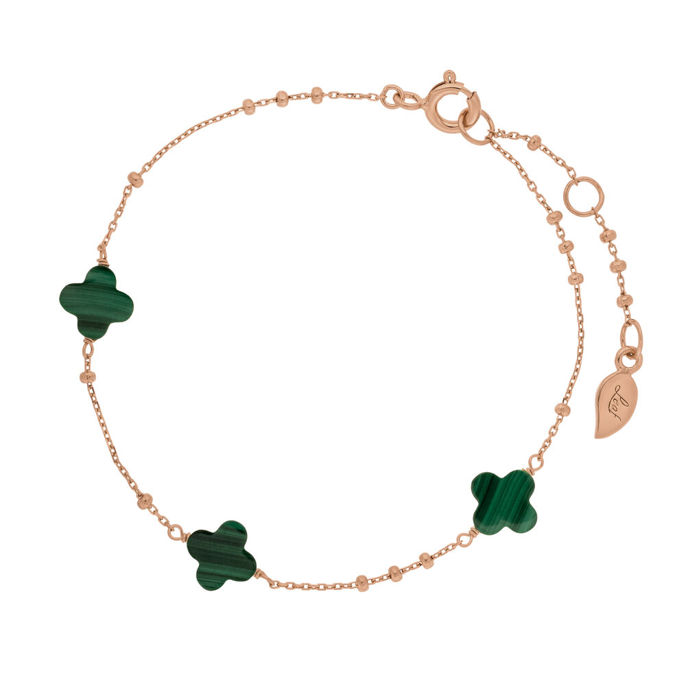 Armkette 3 Clover Gem, Malachit, 18 Karat Rosegold vergoldet