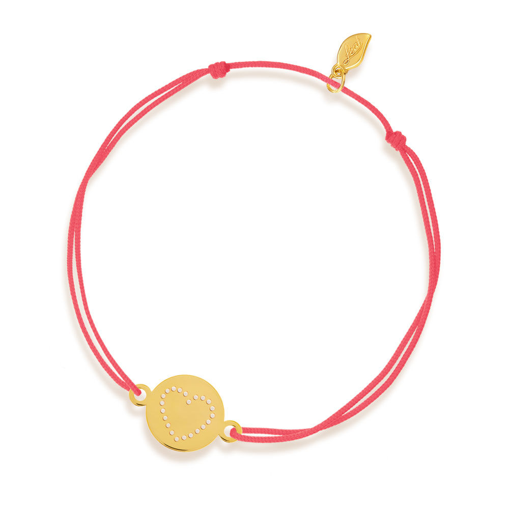 Freundschaftsarmband Disc HEART, 14 Karat Gelbgold, Koralle