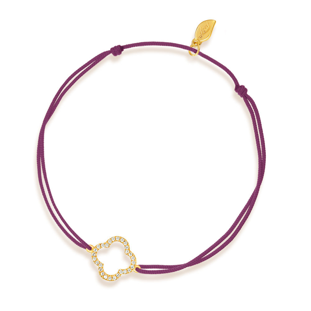 Freundschaftsarmband Kleeblatt mit Diamanten, 18 Karat Gelbgold, Bordeaux