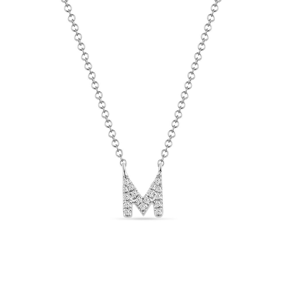 Halskette Letter M, 14 K Weigold mit Diamanten