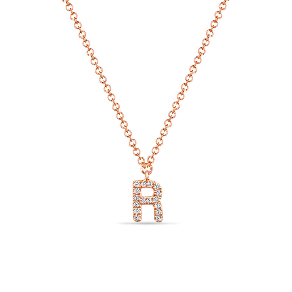 Halskette Letter R, 14 K Rosegold mit Diamanten