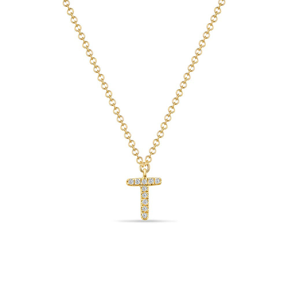 Halskette Letter T, 14 K Gelbgold mit Diamanten