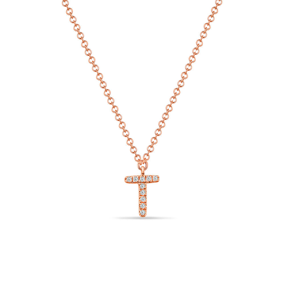 Halskette Letter T, 14 K Rosegold mit Diamanten