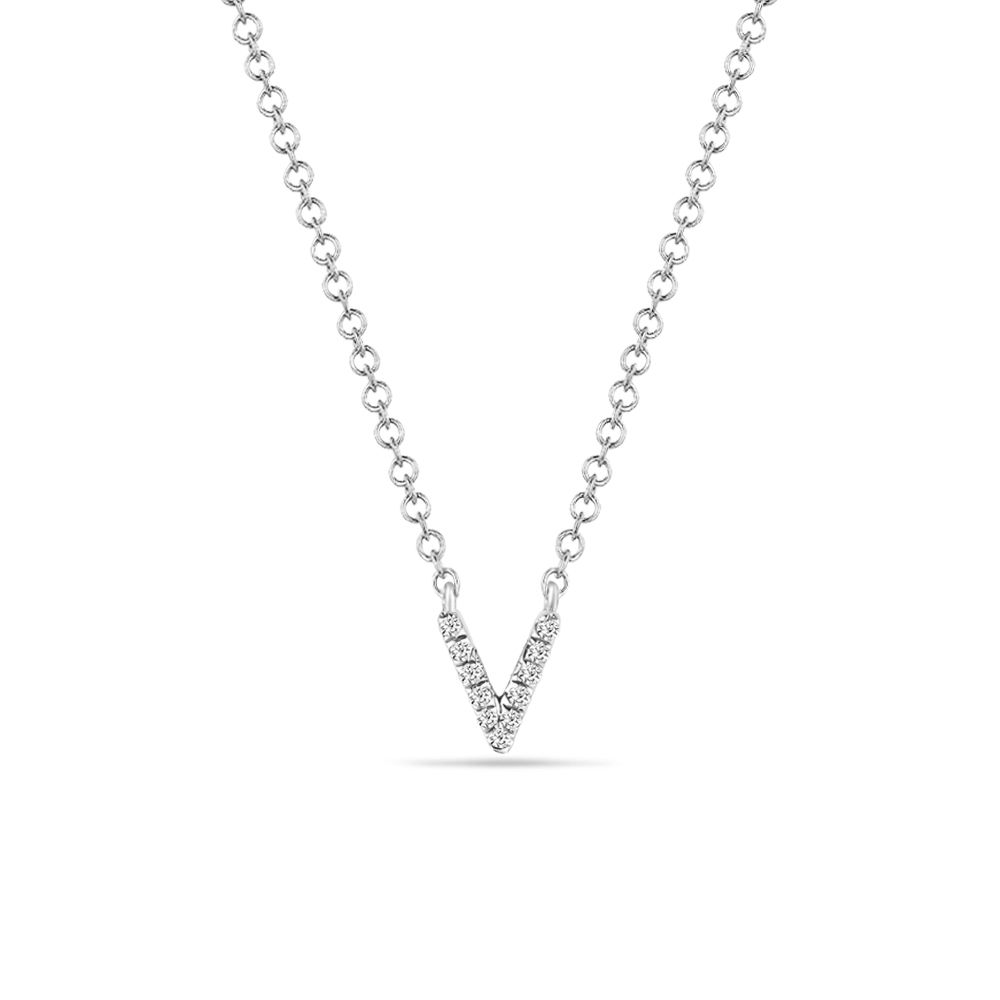 Halskette Letter V, 14 K Weigold mit Diamanten