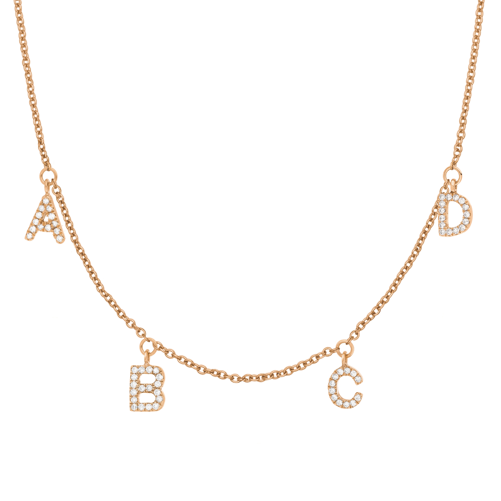 Buchstabenkette mit vier Buchstaben aus Rosegold mit Diamanten