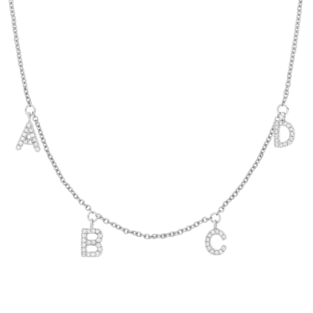 Buchstabenkette mit vier Buchstaben aus Weißgold mit Diamanten