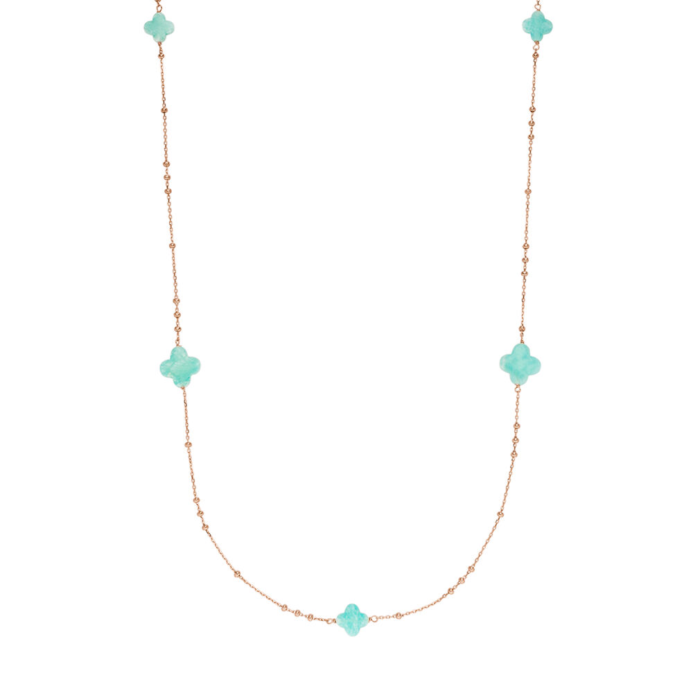 Lange Halskette Clover Gem, Amazonit, 18 Karat Rosegold vergoldet