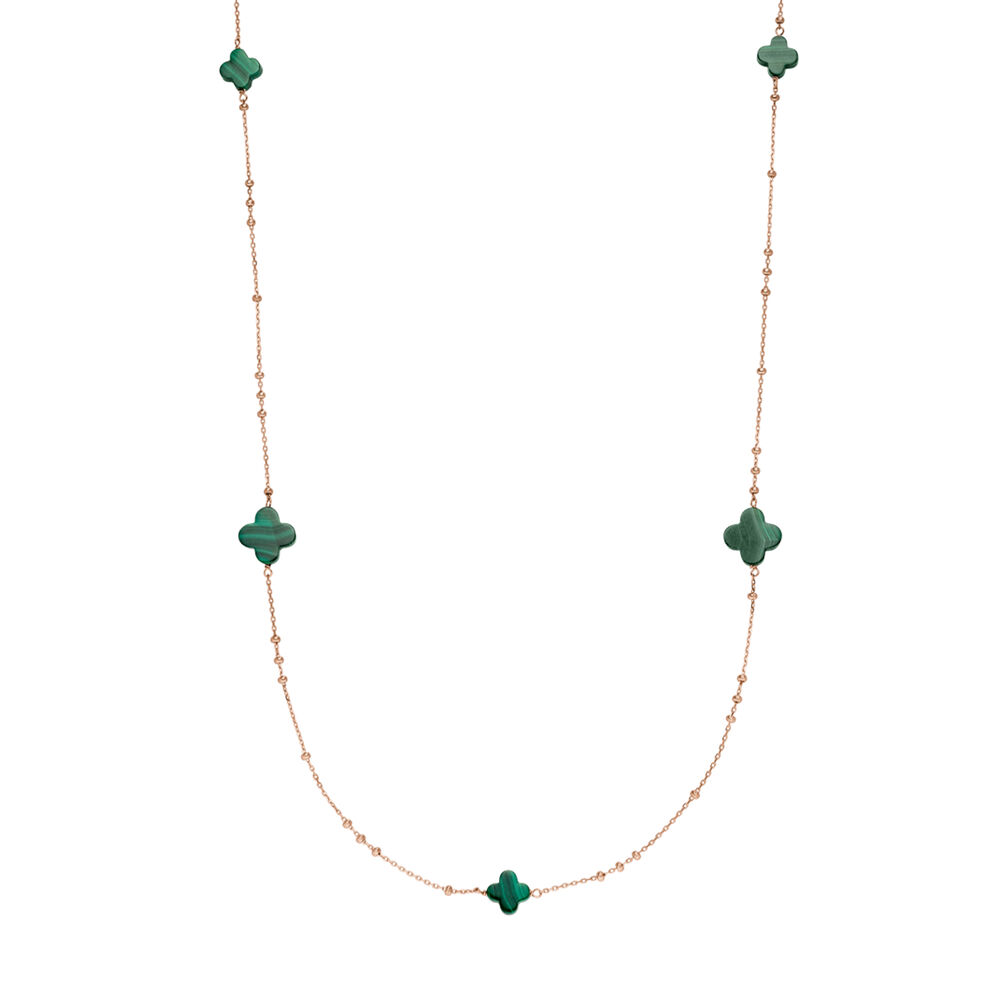 Lange Halskette Clover Gem, Malachit, 18 Karat Rosegold vergoldet