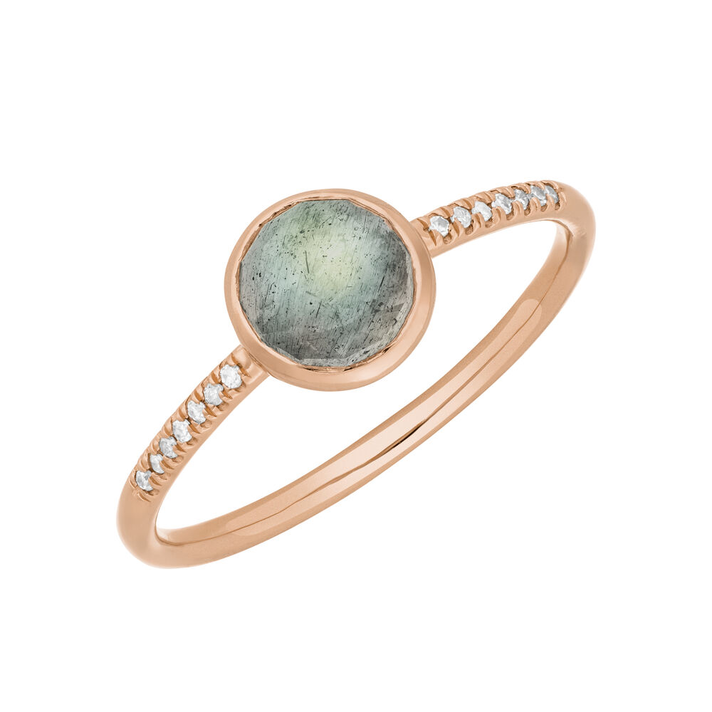 Ring Labradorit mit Diamanten, 14 Karat Rosegold, Gr.52