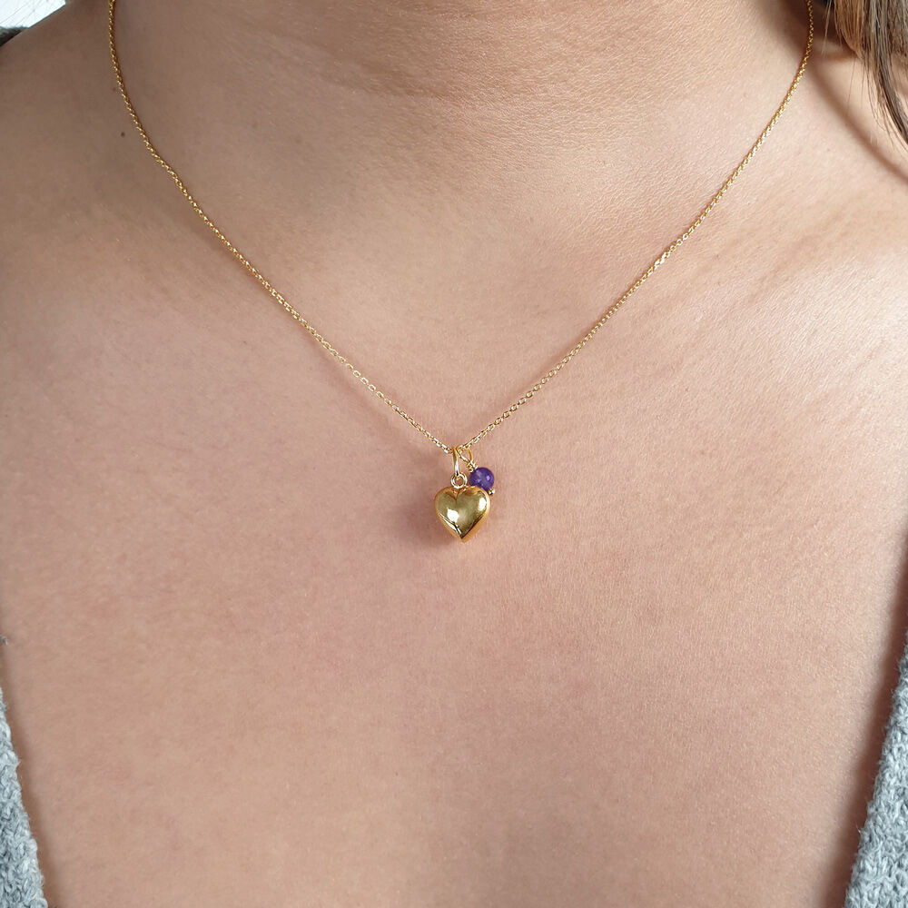 Silber Halskette HERZ mit Amethyst, Gelbgold