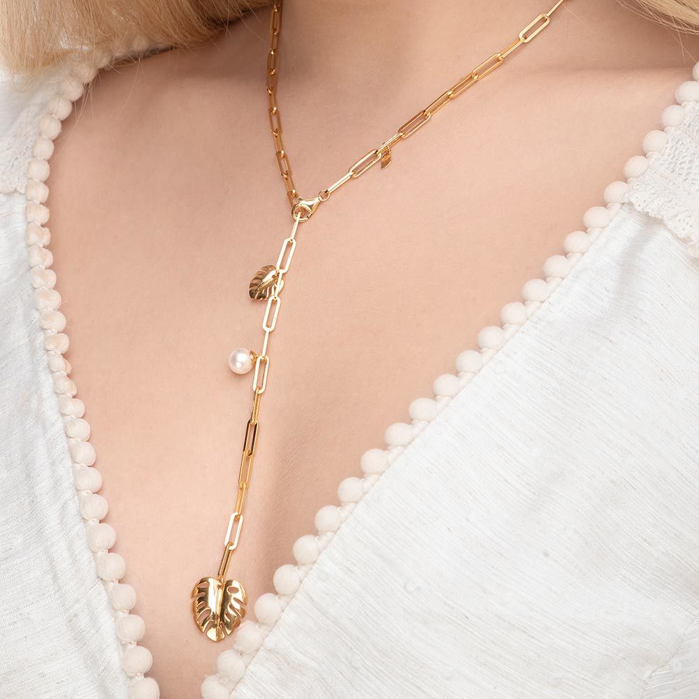 Y-Halskette Monstera Leaf, 52cm, 18 K Gelbgold vergoldet Bild 2
