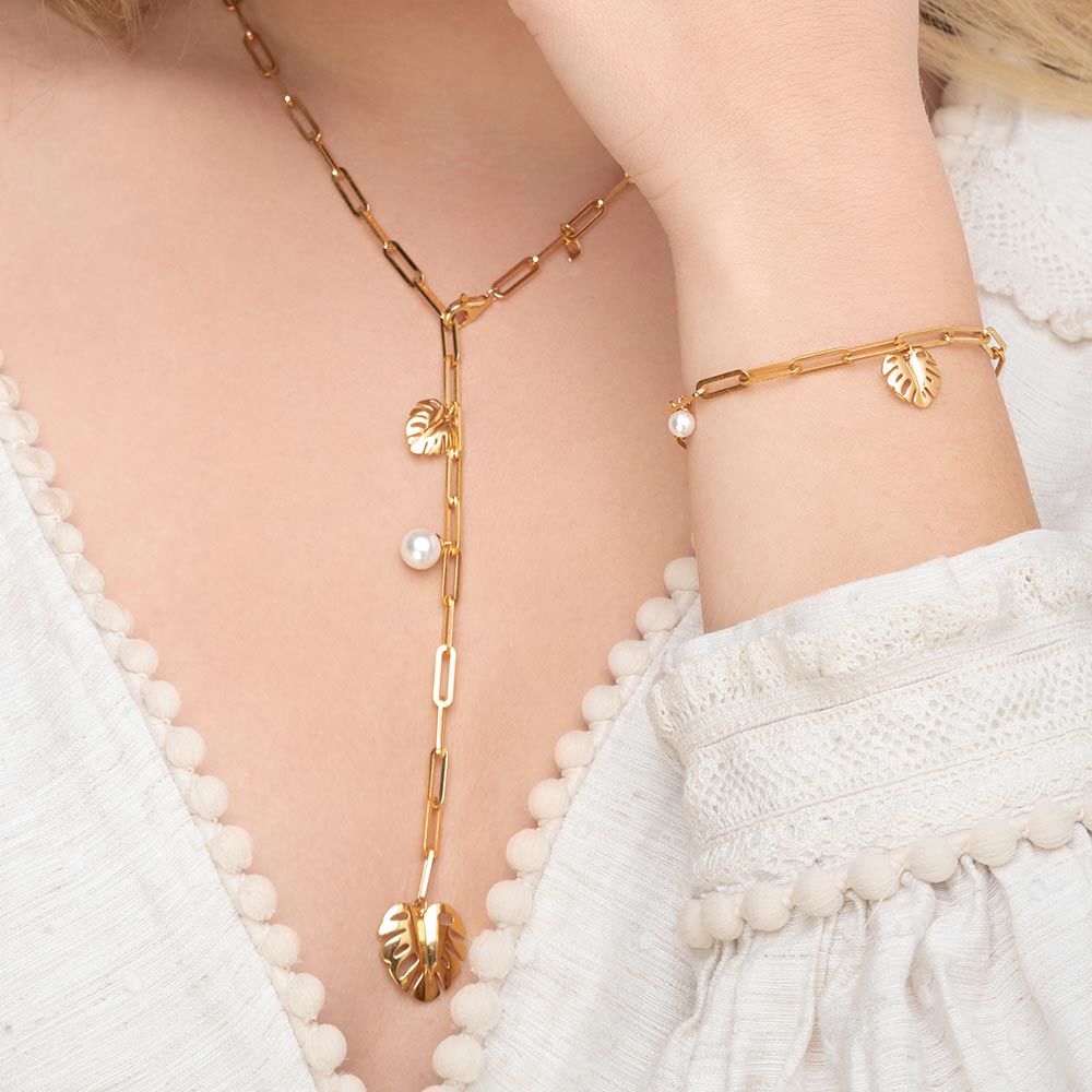 Y-Halskette Monstera Leaf, 52cm, 18 K Gelbgold vergoldet Bild 3