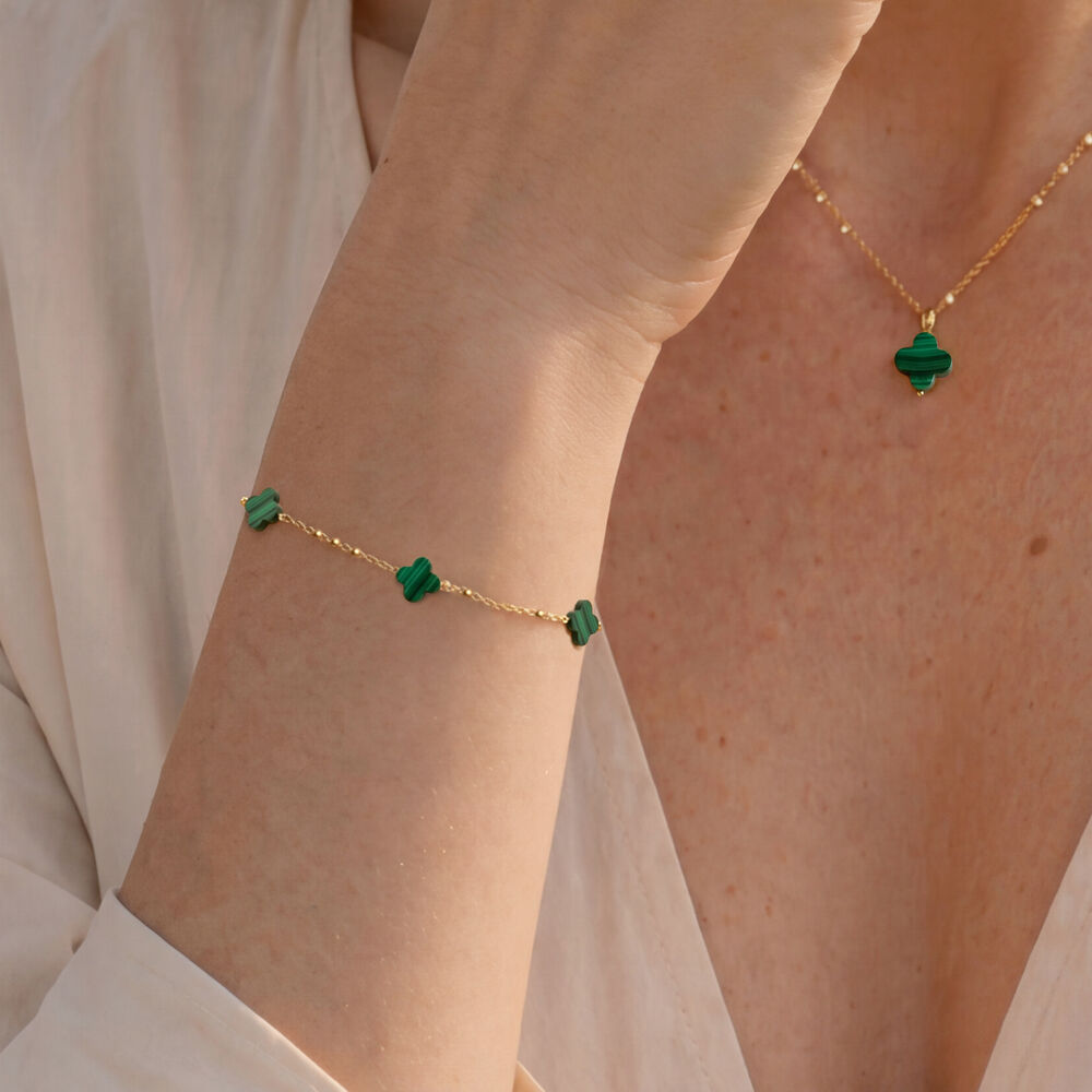 Armkette 3 Clover Gem, Malachit, 18 Karat Gelbgold vergoldet Bild 2