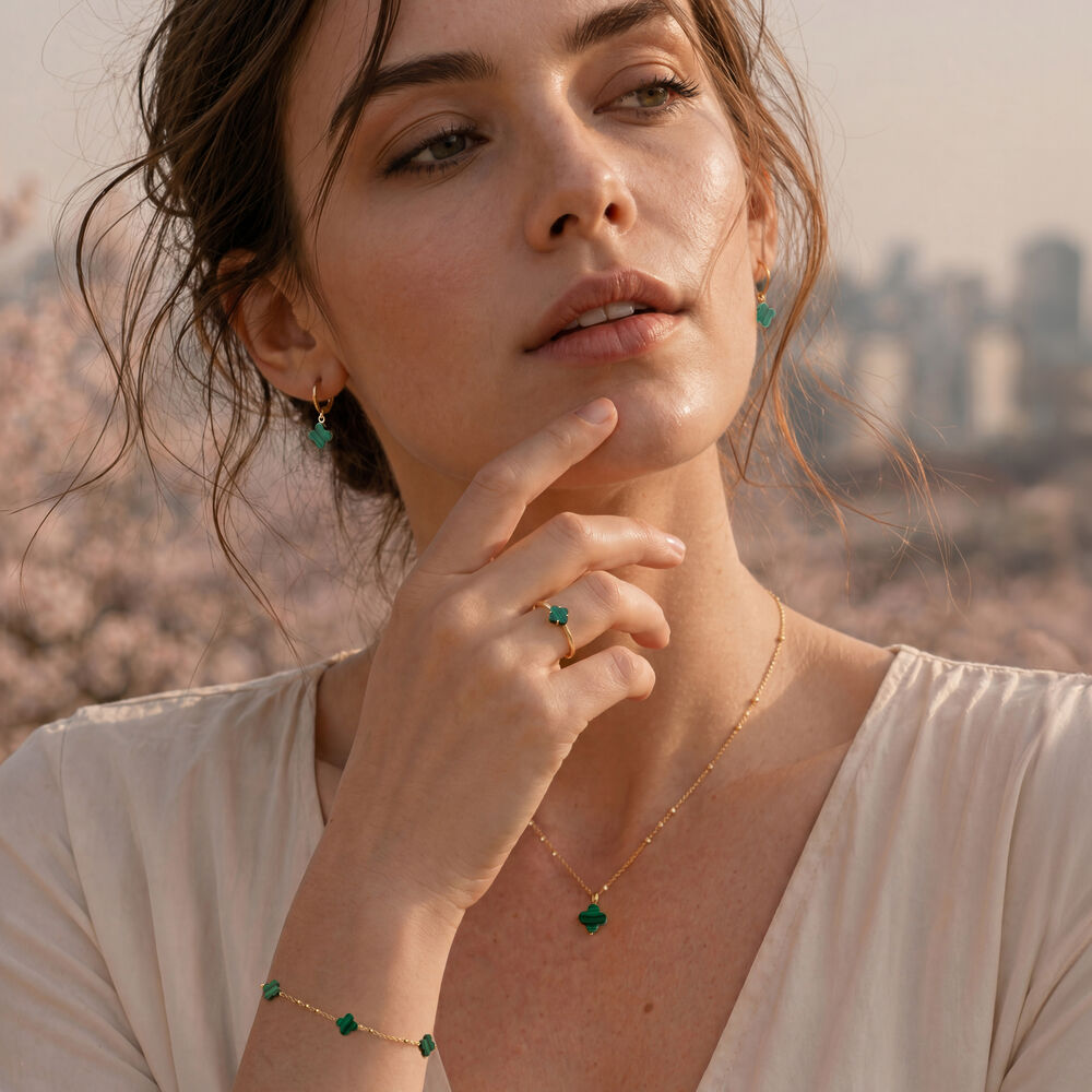 Creolen Clover Gem, Malachit, 18 Karat Gelbgold vergoldet 