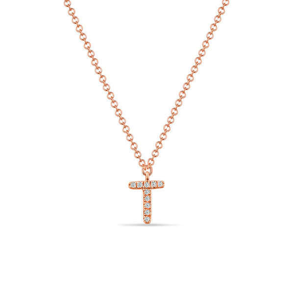 Halskette Letter T, 14 K Rosegold mit Diamanten