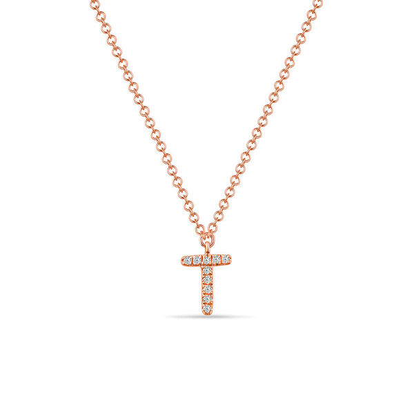 Halskette Letter T, 14 K Rosegold mit Diamanten