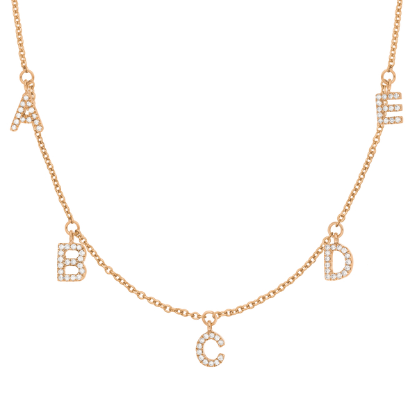 Buchstabenkette mit fünf Buchstaben aus Rosegold mit Diamanten