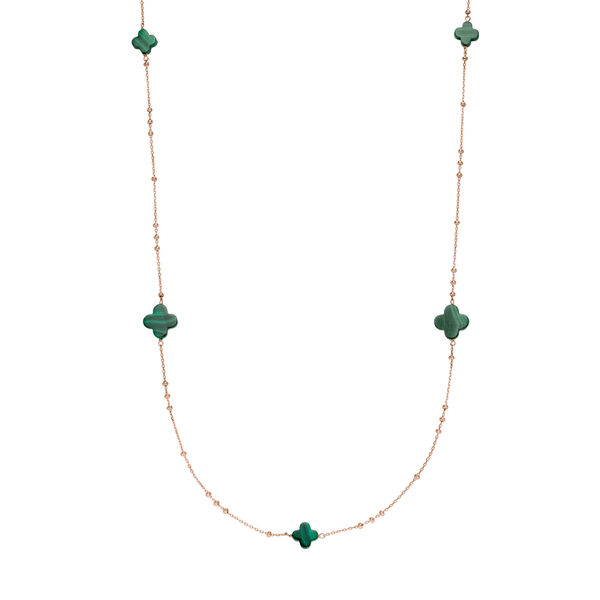 Lange Halskette Clover Gem, Malachit, 18 Karat Rosegold vergoldet
