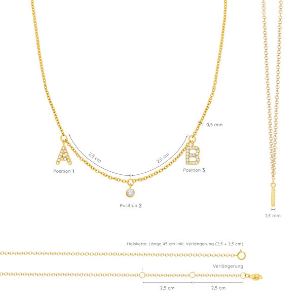 Initialen-Halskette mit 2 Buchstaben & Wunschanh�nger, 14 Karat Gelbgold 