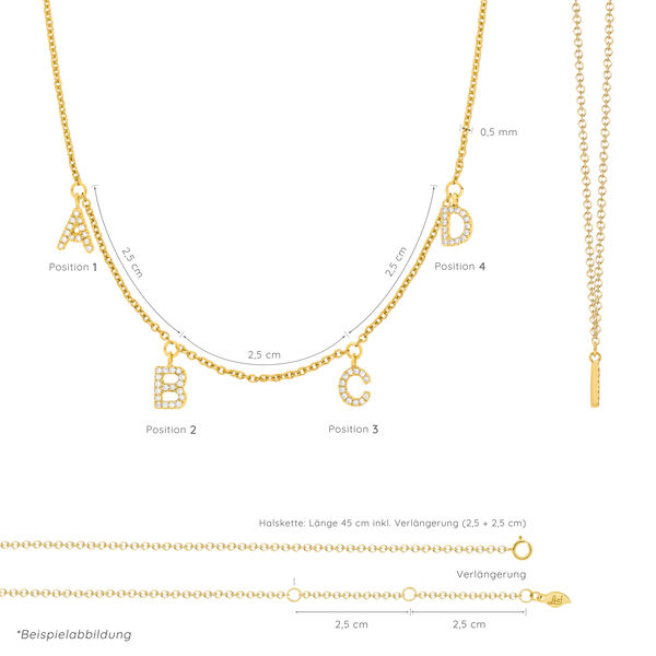 Initialen-Halskette mit 4 Anhngern, 45 cm, 14 Karat Gelbgold Bild 3