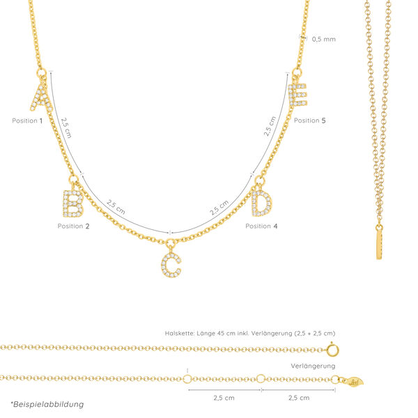 Initialen-Halskette mit 5 Anhngern, 45 cm, 14 Karat Gelbgold Bild 3