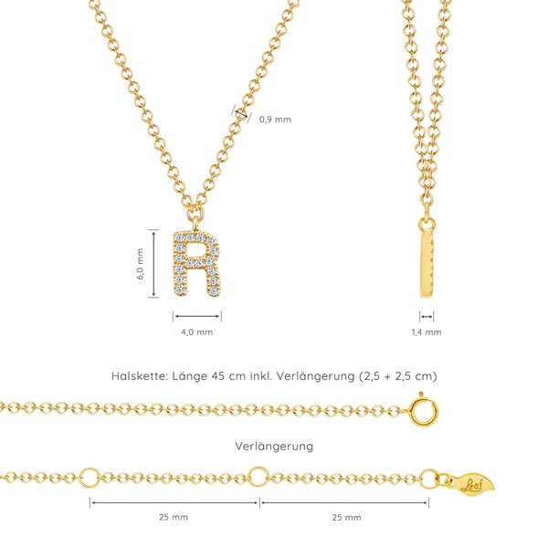 Halskette Letter R, 14 K Gelbgold mit Diamanten 