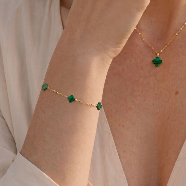Armkette 3 Clover Gem, Malachit, 18 Karat Gelbgold vergoldet Bild 2