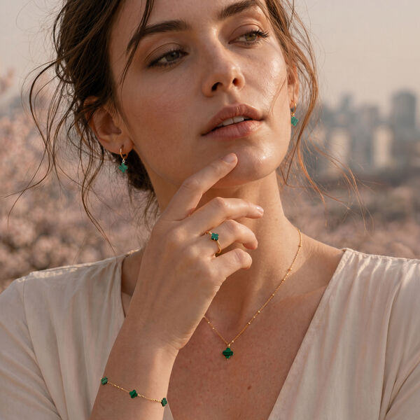 Creolen Clover Gem, Malachit, 18 Karat Gelbgold vergoldet 